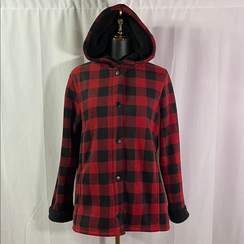Cuddl Duds Red & Black Buffalo Check Hooded Snap Button Fuzzy Fleece Jacket